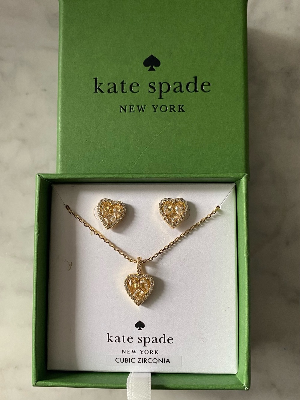 Kate Spade “Spell It Out” Gold/clear Heart Shaped Necklace And Earring Set New